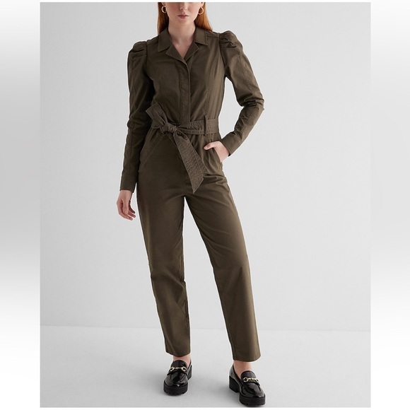NWT Express Puff Sleeve Tie Waist Chino Jumpsuit - Picture 1 of 8